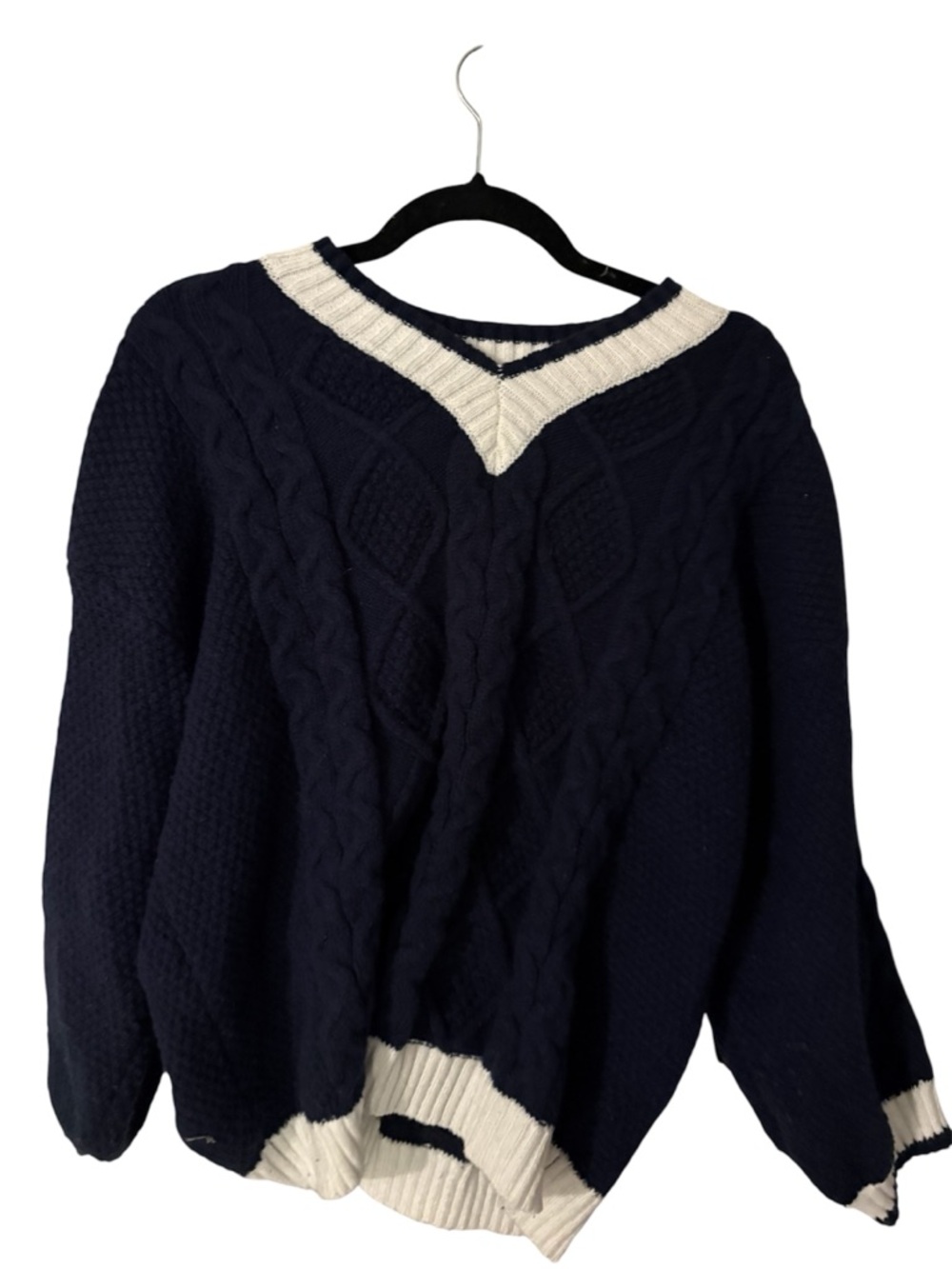 Source Unknown Navy Cable Knit V-Neck Sweater with Cream Trim